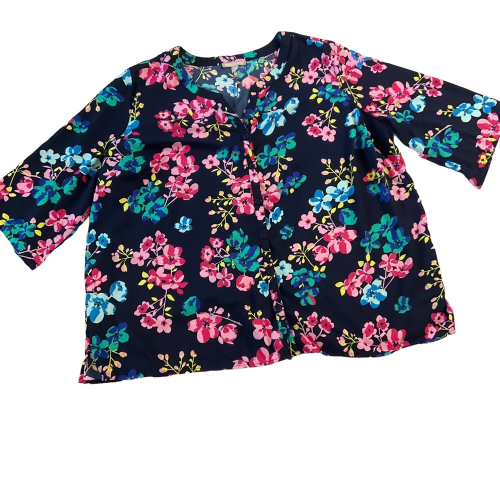 Woman Within Navy Blue Floral 3/4 Sleeve VNeck Stylish Blouse Size 22/24 1x